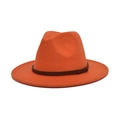 Side view of bright orange wool fedora hat featuring a dark brown textured band - M (56-58cm) / Orange
