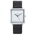 Detail shot of a minimalist square quartz watch with silver case and black leather strap - Silver Case White Dial Black Strap