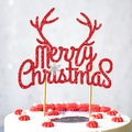 Sparkly red glitter Merry Christmas cake topper with reindeer antlers on gold stands - Moose Antlers