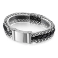 Men's double-layered bracelet with silver steel keel chain and black braided leather rope - Steel Color (KB86289-BD)