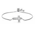 Adjustable silver box chain bracelet with pavé-set hollow cross pendant and slider bead - Copper Zirconia Rhodium Plated / White Gold