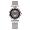 Elegant silver women's watch featuring a floral rhinestone dial and magnetic mesh band - Silver