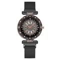 Women's quartz watch with black mesh band and rose gold rhinestone flower dial - Silver Dial Black Band