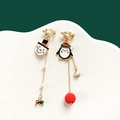 Asymmetric Christmas ear clips featuring snowman, penguin, and red pom-poms on gold chain - No.2 Little Penguin Clip-on Earrings