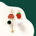 Detail of Christmas earrings featuring red hat, green pom pom, and gold stars on a tray - No.3 Warm Gloves Stud Earrings