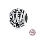 925 sterling silver hollow charm bead with letter W and floral patterns for DIY bracelets - 925 Silver / Letter W