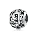 Authentic 925 sterling silver hollow bead charm with floral patterns and letter J - 925 Silver / Letter J