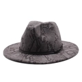 Detail view of wide brim fedora hat with grey snake print and black decorative leather band - M (56-58cm) / Gray