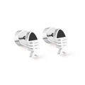Polished silver fishbone stud earrings with black inlay in stainless steel for women - Fishbone (Silver)