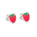 Charming red strawberry stud earrings with green leaves and silver-toned finish - Strawberry