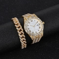 Close-up of gold iced-out watch with Roman numerals and matching Cuban link bracelet - Gold Set (black Box)