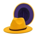 Cappello fedora in feltro di lana bicolore giallo e viola con fascia intrecciata - Giallo + Interno Viola