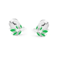 Silver-toned leaf stud earrings with green enamel and secure screw-back design - Leaf
