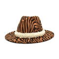 Cappello fedora in lana tigrata da donna con tesa larga e fascia decorata di perle - M (56-58cm) / Cachi