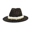 Close-up of zebra pattern wool jazz hat featuring elegant multi-layer pearl accessory - M (56-58cm) / Army Green