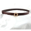 Deep brown thin leather belt with golden round metal buckle on white fabric background - Burgundy