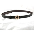 Minimalist black leather skinny belt with golden round buckle on white fabric - Black