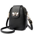 Black textured leather crossbody phone bag with bee metal buckle and multi-zipper layers - Black