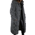 Detail of grey cable knit long cardigan featuring large buttons and cozy hooded design - 4XL / Dark Gray
