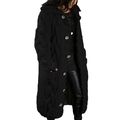 Detail of chunky cable knit texture and large buttons on black hooded cardigan coat - 4XL / Black