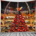 Christmas wall tapestry with grand interior scene and decorated red tree on brick wall - Grand Christmas Tree Scene