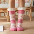 Pink reindeer pattern winter floor socks with thick white sherpa lining for women - Pink Christmas Deer