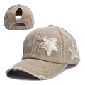 Khaki distressed ponytail baseball cap with gold sequin star patches and velcro strap - Khaki