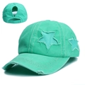 Distressed mint green ponytail baseball cap with glittery star patch and mesh cutout - Fruit Green