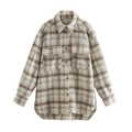 Beige and brown plaid oversized flannel shacket with front pockets and tortoise buttons - S / Apricot Plaid