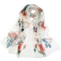 White georgette silk scarf with vibrant red and orange rose floral prints for summer - 160*50CM / QQ001-3# Flower-White