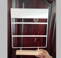 White tiered metal earring display stand with natural wood base for jewelry storage - Iron Plate 144 Holes Enlarged Base White