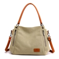 Beigefarbene Segeltuchtasche mit braunen Ledergriffen und verstellbarem Schultergurt - Khaki