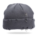 Grey distressed knit beanie with hip hop metal rings and punk safety pin decoration - One Size / Dark Gray