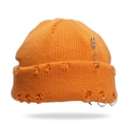 Bonnet en maille orange vif style hip hop avec anneaux, épingles et détails déchirés - Taille unique / Orange