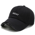 Casquette de baseball en coton noir usé avec broderie Friday et bord effiloché - Broderie 'FRIDAY' / Noir