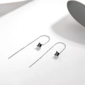 Elegant S925 sterling silver chain earrings with square black gemstone accents - Black