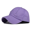 Detailed side view of purple distressed cotton baseball cap with ripped hole effects - Adjustable / Purple