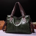 Retro deep green tote bag with brown handles and a vintage leather texture - Olive Green
