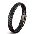 Men's black braided leather bracelet featuring a sleek black magnetic stainless steel clasp - Black Clasp Black Leather
