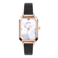 Women's quartz watch with rose gold rectangular case and black leather strap on white background - White Mother-of-Pearl Dial