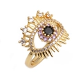 Elegant gold evil eye ring with white and purple cubic zirconia in a top-down side view - Adjustable Open / Gold Evil Eye