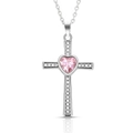 Cross necklace with a pink heart-shaped crystal and sparkling zircon accents - October Tourmaline Cross Birthstone Necklace