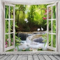 3D nature scenery wall tapestry with forest and waterfall for dormitory wall decor - 150x130cm / Forest Waterfall Window View