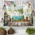 Dettaglio dell'arazzo con paesaggio a cascata e montagne verdi per decorazioni - 150x130cm / Padiglione Del Giardino Della Cascata