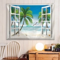 Arazzo decorativo con vista finestra su spiaggia e palme per pareti di casa - 150x130cm / Vacanze al Mare