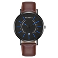 Montre Geneva à quartz avec cadran noir index bleus et bracelet en cuir marron - Aiguilles Bleues Cadran Noir Boîtier Noir Bracelet Marron