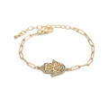 Goldenes Hamsa-Hand Hip-Hop-Armband mit bunten Zirkonia und Büroklammer-Kettengliedern - Gold Böser Blick Hamsa Hand