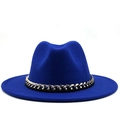 Royal blue fedora hat with gold chain accessory stylish wool felt jazz cap for women - Blue