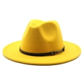 Detail of bright yellow wool fedora hat featuring a black leather band and metal buckle - Yellow