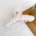 Plush beige faux fur hair claw clip in a large size for thick hair styling - 11cm / White